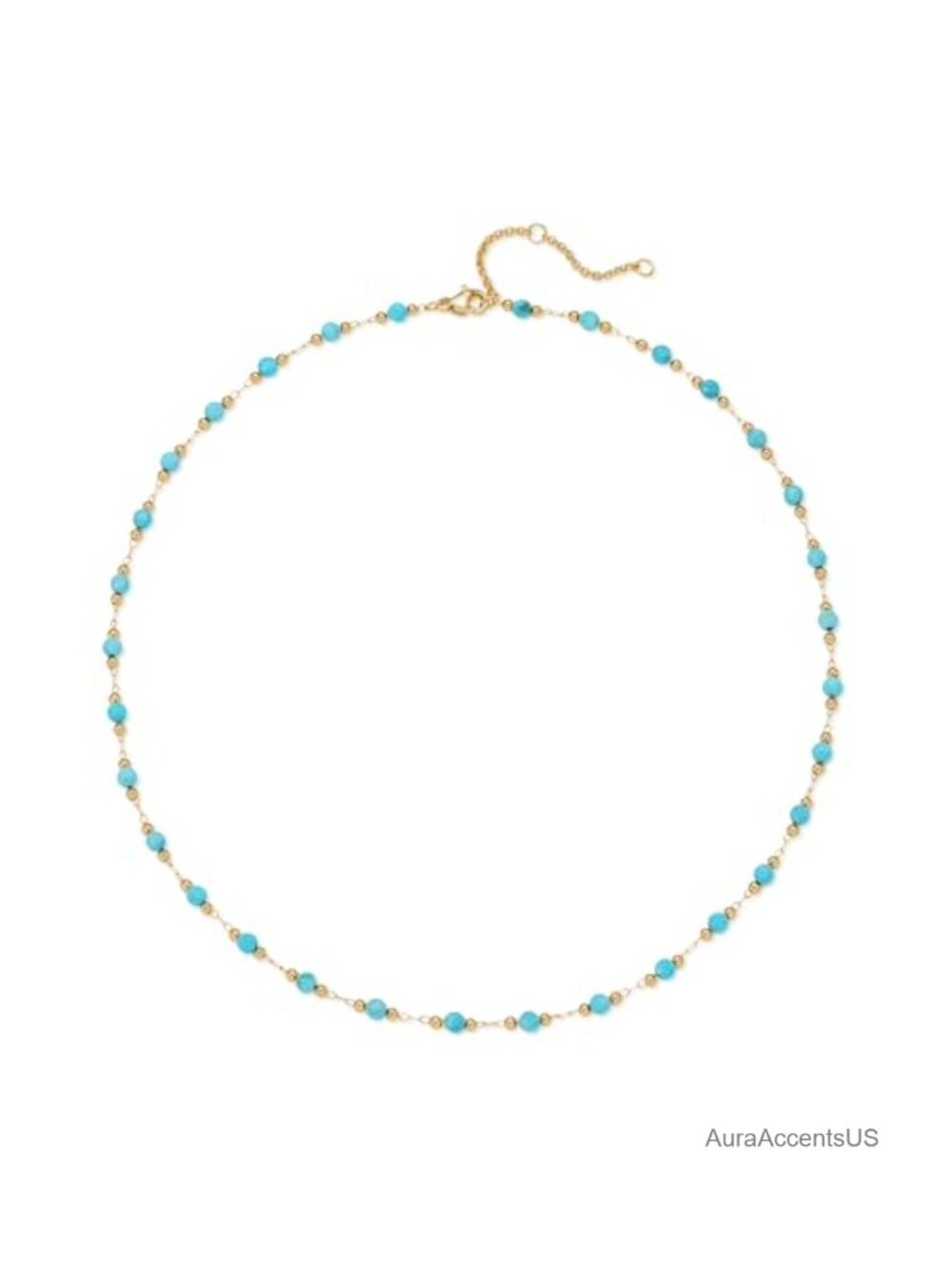 14K Gold Plated Brass Turquoise Bead Station Choker Necklace 14.6in